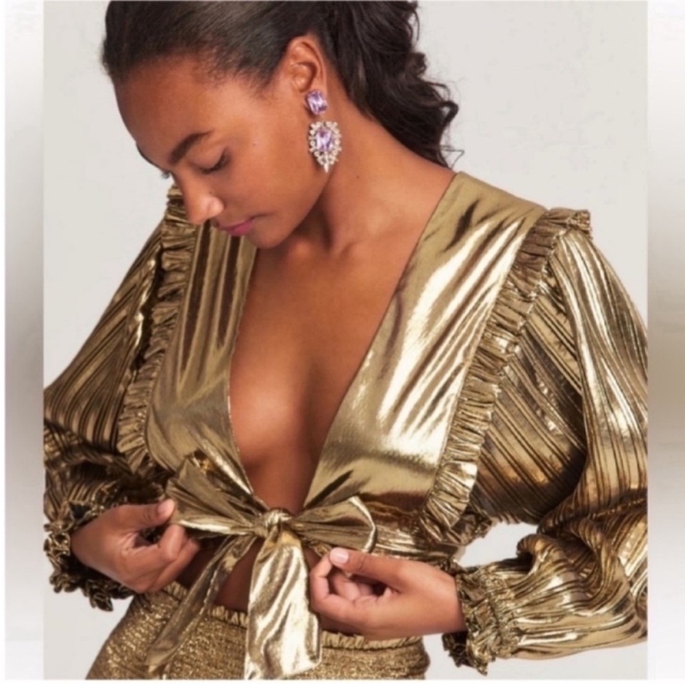 LoveShackFancy Gold Metallic Tie Front Blouse NWT!